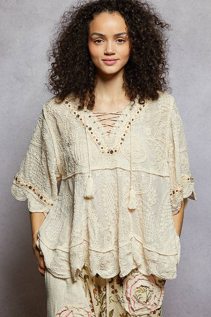 Short Sleeve Adjustable Drawstring Crochet V Neck Top