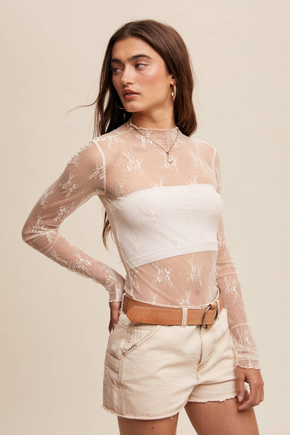 Sheer Lace Long-Sleeve Layering Top