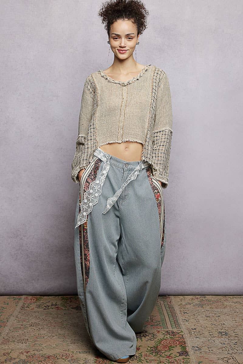 V-Neck High-Low Cut Outseam Raw Edge Linen Top