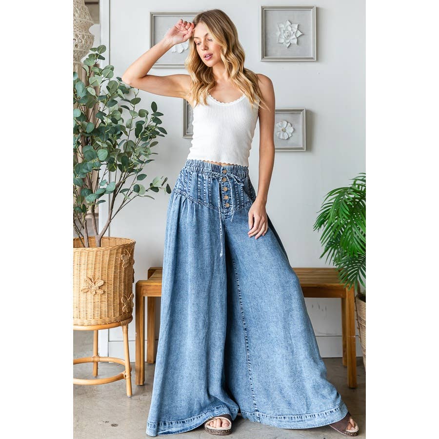 WASHED PINKTUCK WIDE LEG DENIM PANTS