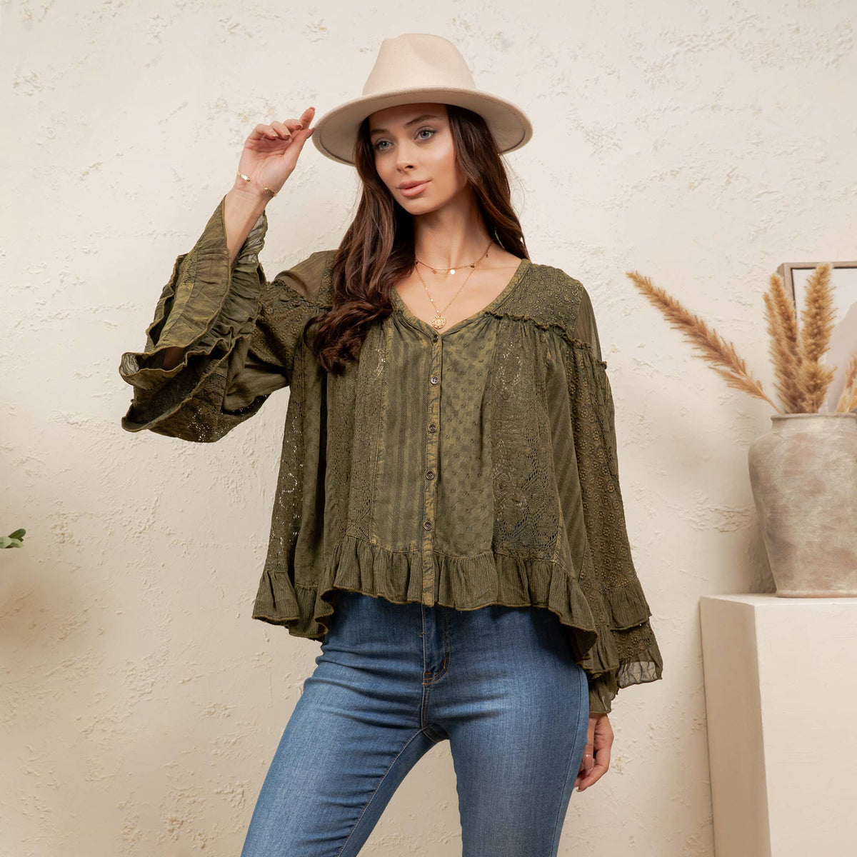 Dreamy Sheer V-Neck Ruffled Button-Front Top