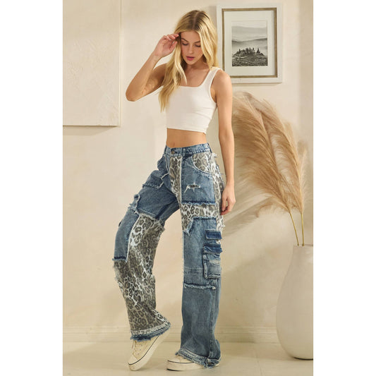 WASHED LEOPARD PRINT DENIM JEANS