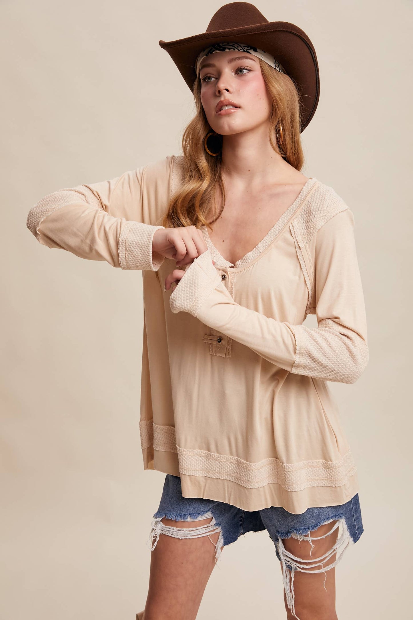 Textured Panel Button Henley Top