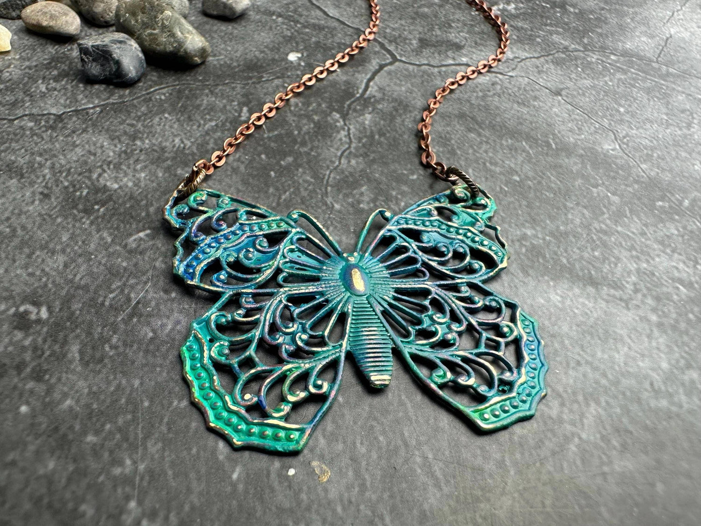 Filigree Butterfly Necklace - Solid Brass with Blue Patina