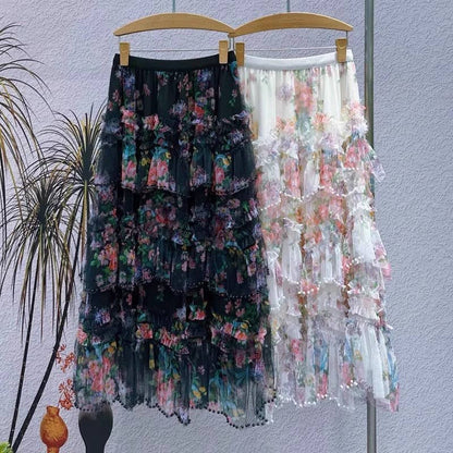 Beaded Floral Mesh Layered Skirt