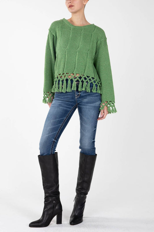 Green Textured Knitted Sweater With Fringe