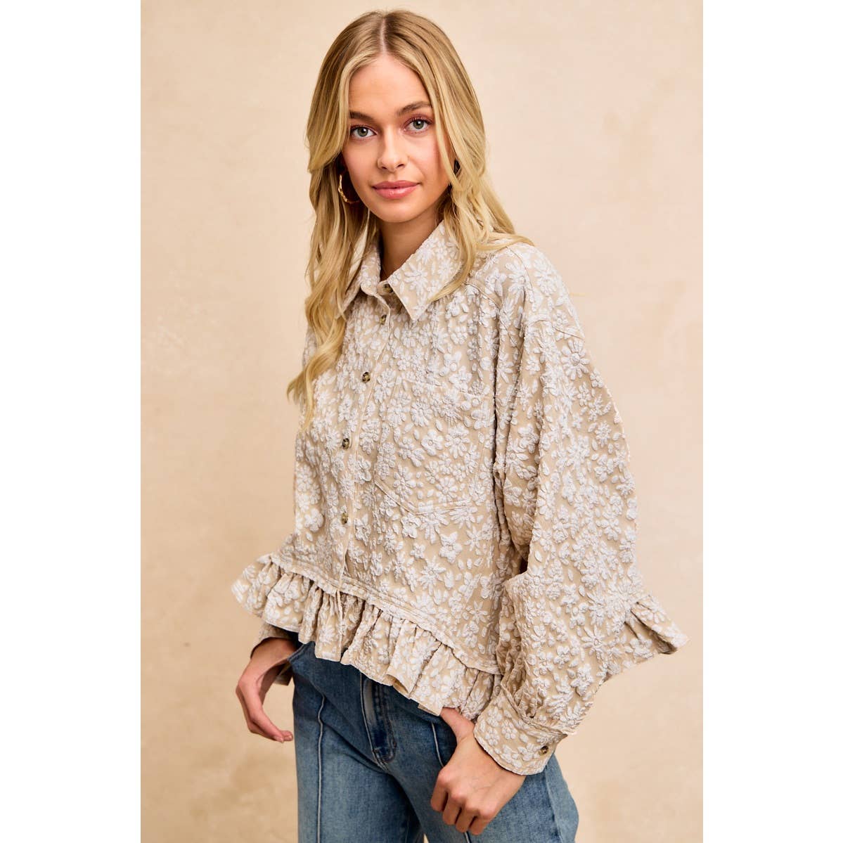 TEXTURED FLORAL PATTERN RUFFLED HEM SHIRT TOP