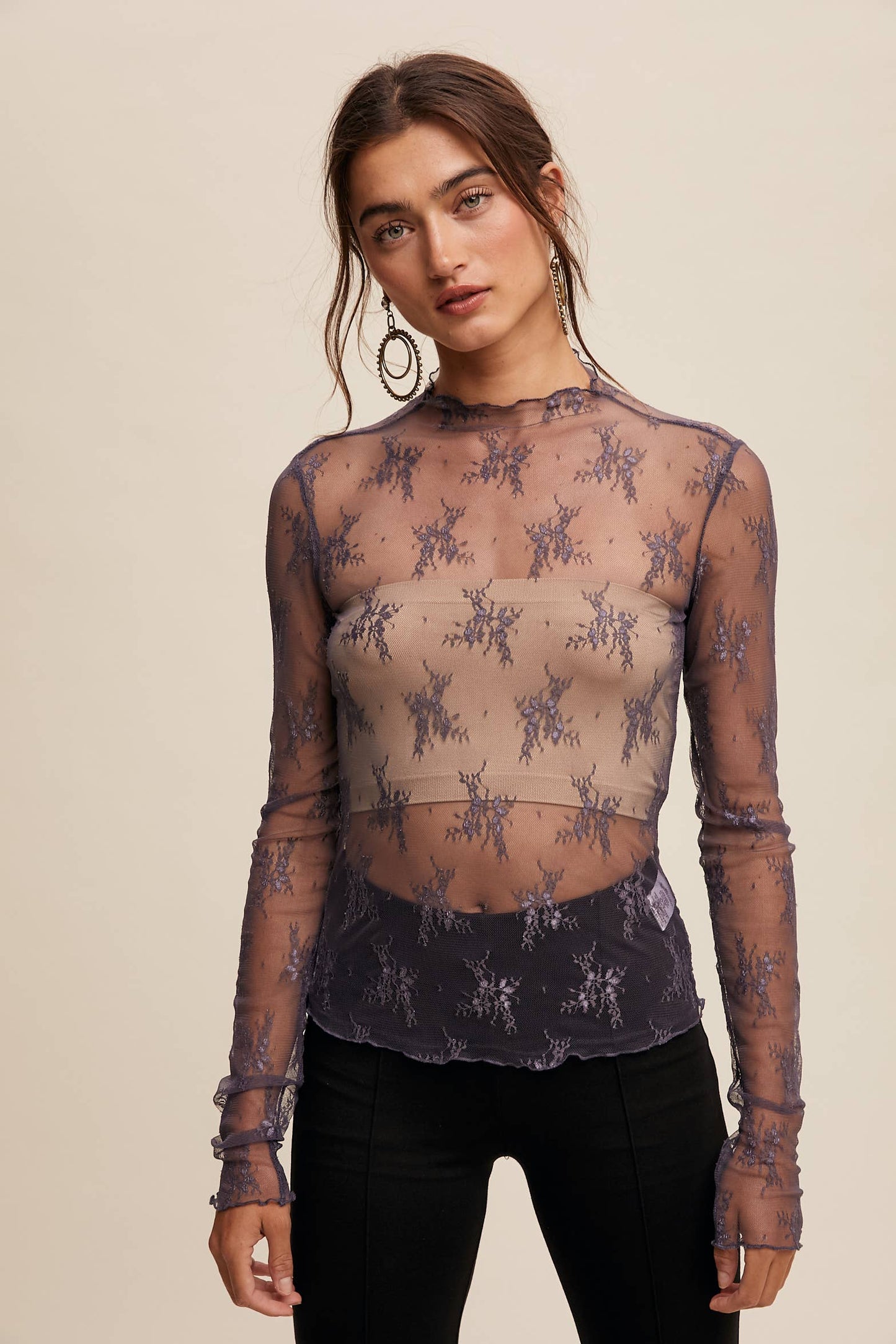 Sheer Lace Long-Sleeve Layering Top
