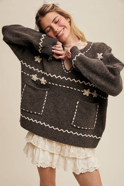 Floral Embroidered Knit Sweater