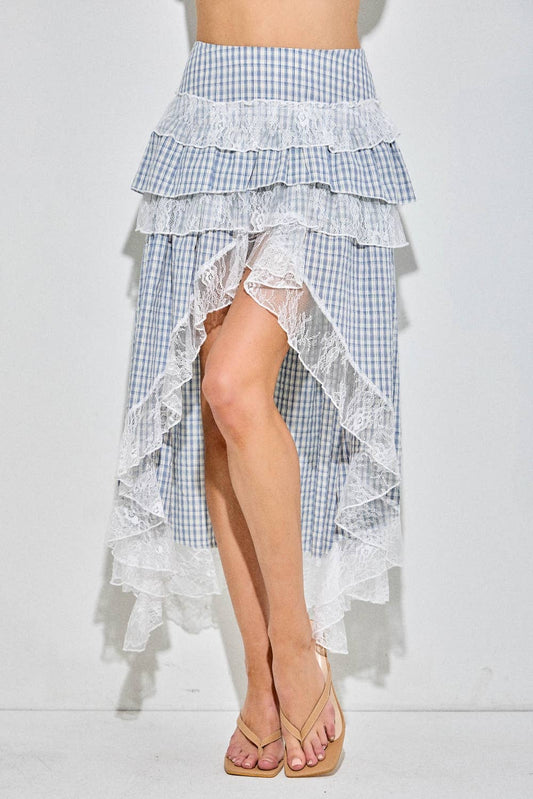 GINGHAM AND LACE TIERED MIDI SKIRT