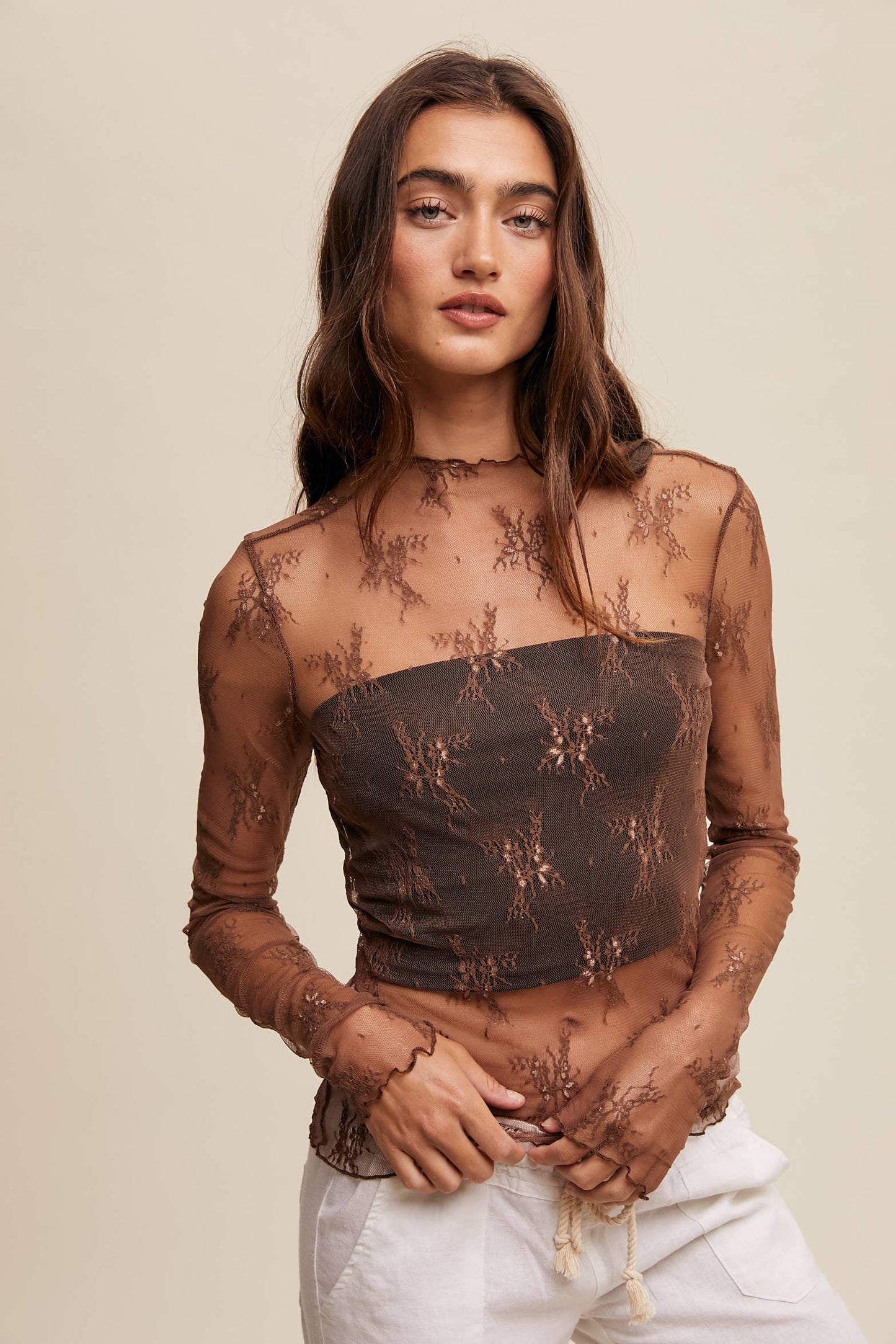 Sheer Lace Long-Sleeve Layering Top