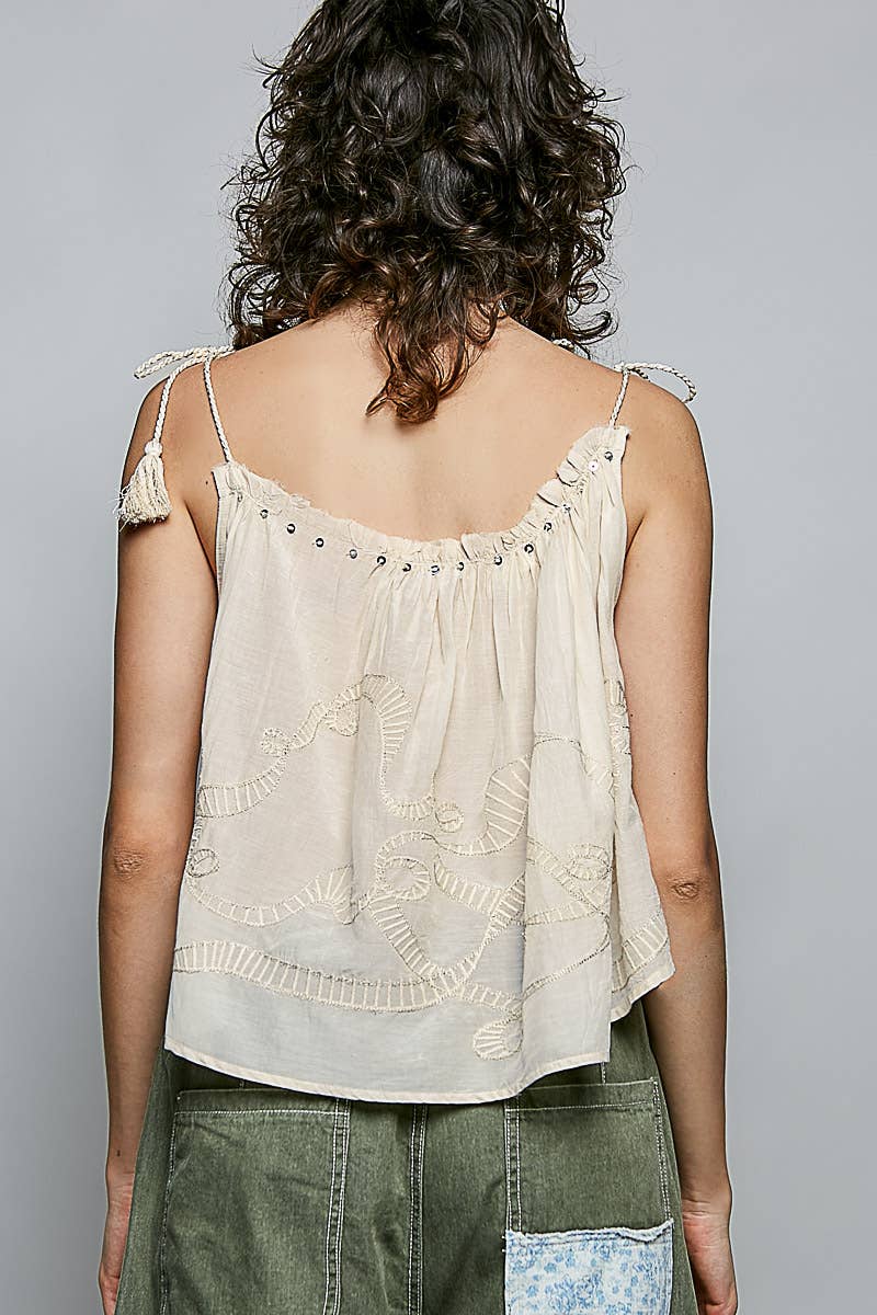 Embroidered Shirred Spangle Tassel Tie Sleeveless Top