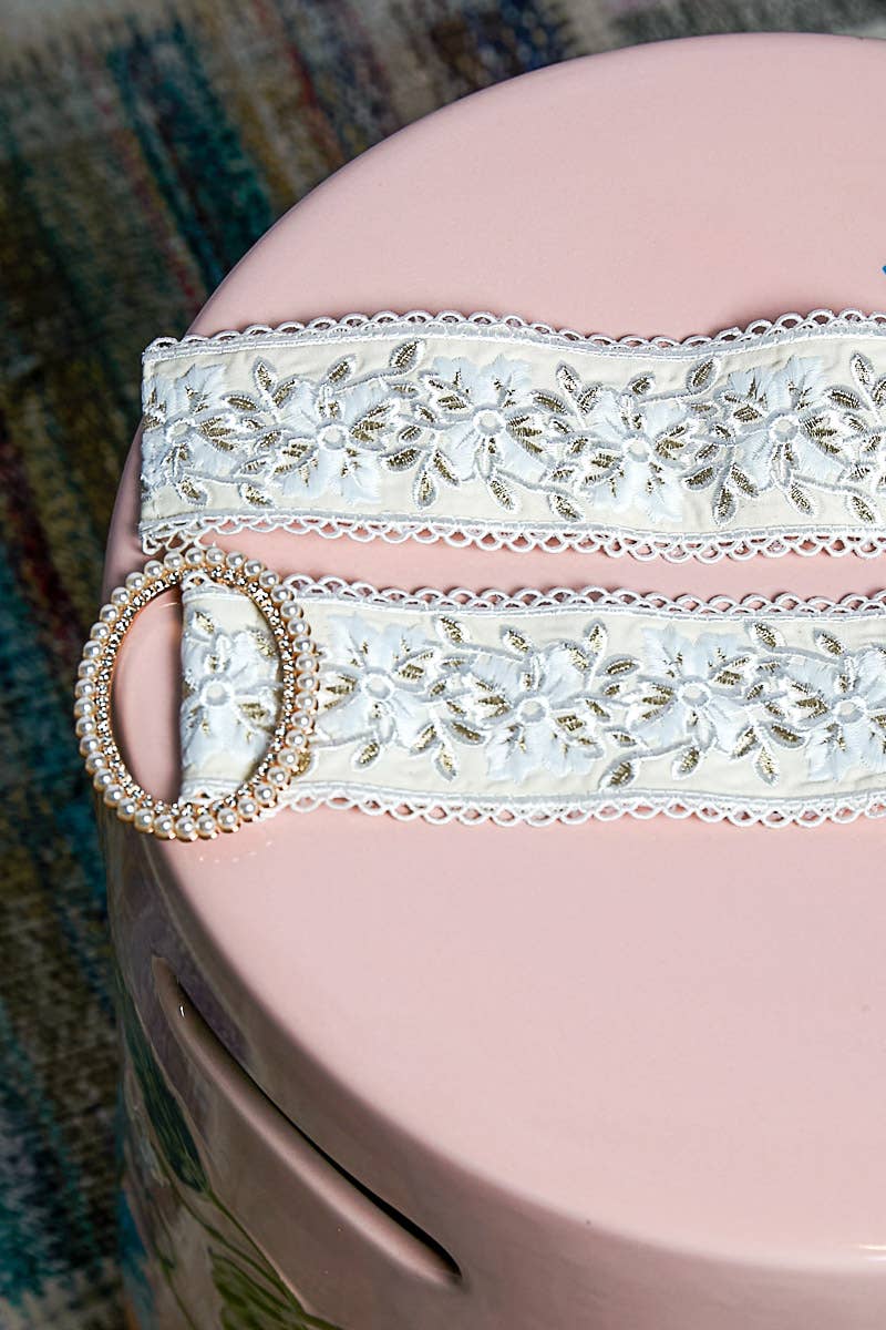 Embroidered Floral Lace Belt with Pearls