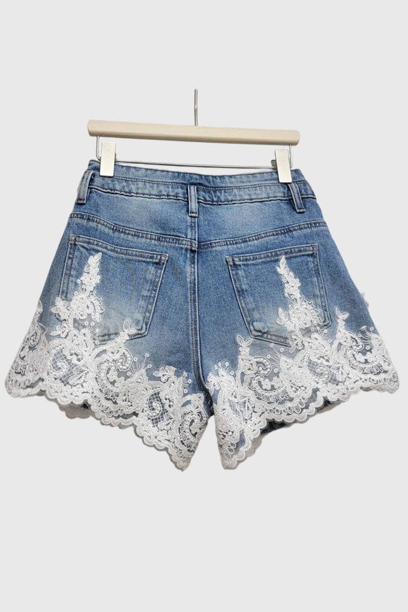 Pearl-Trim Lace Denim Shorts