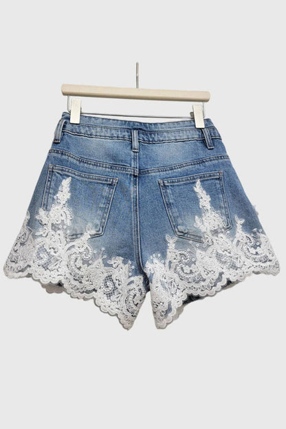 Pearl-Trim Lace Denim Shorts