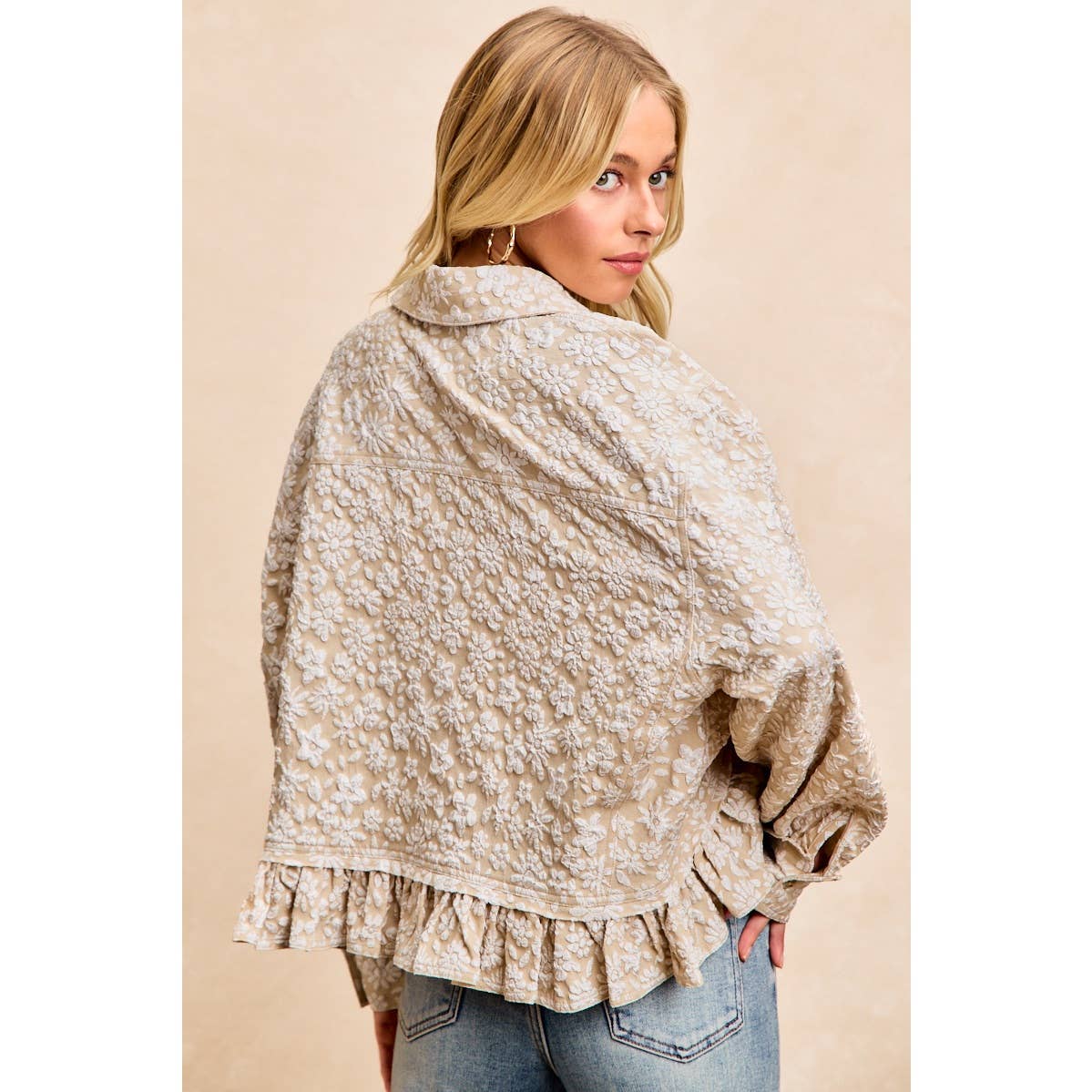 TEXTURED FLORAL PATTERN RUFFLED HEM SHIRT TOP