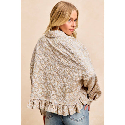 TEXTURED FLORAL PATTERN RUFFLED HEM SHIRT TOP