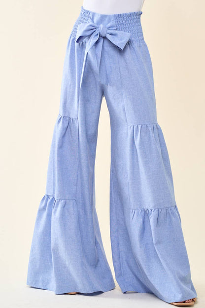 DENIM SMOCKING WAIST TIER WIDE PANTS