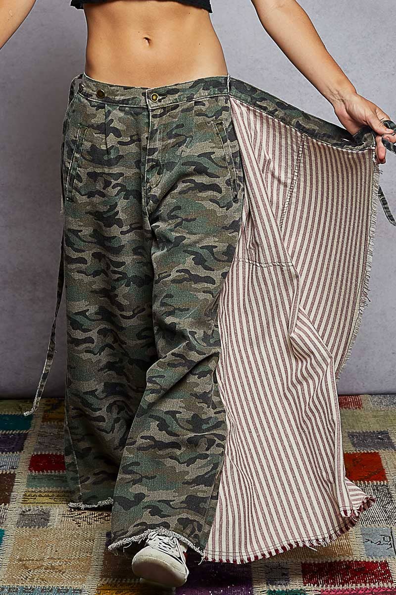 American flag wrapping raw edge camo/solid woven wide pants