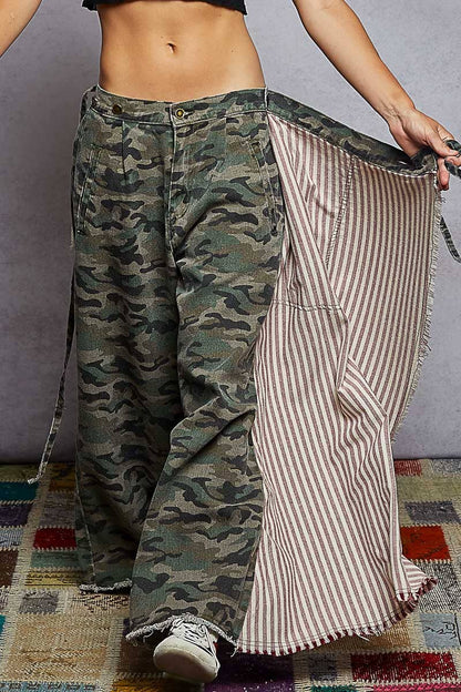 American flag wrapping raw edge camo/solid woven wide pants