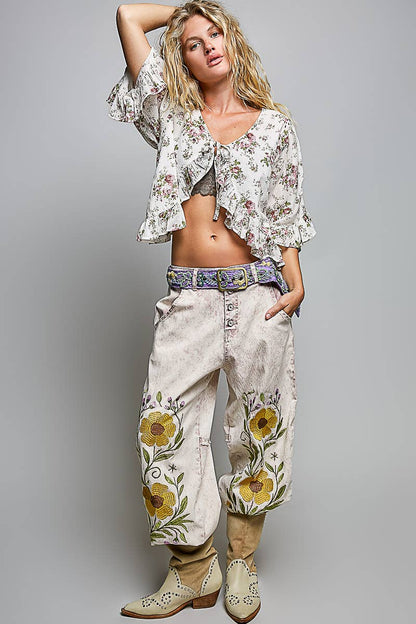 Lightweight Tie Neckline Floral Ruffle Woven Cropped Top