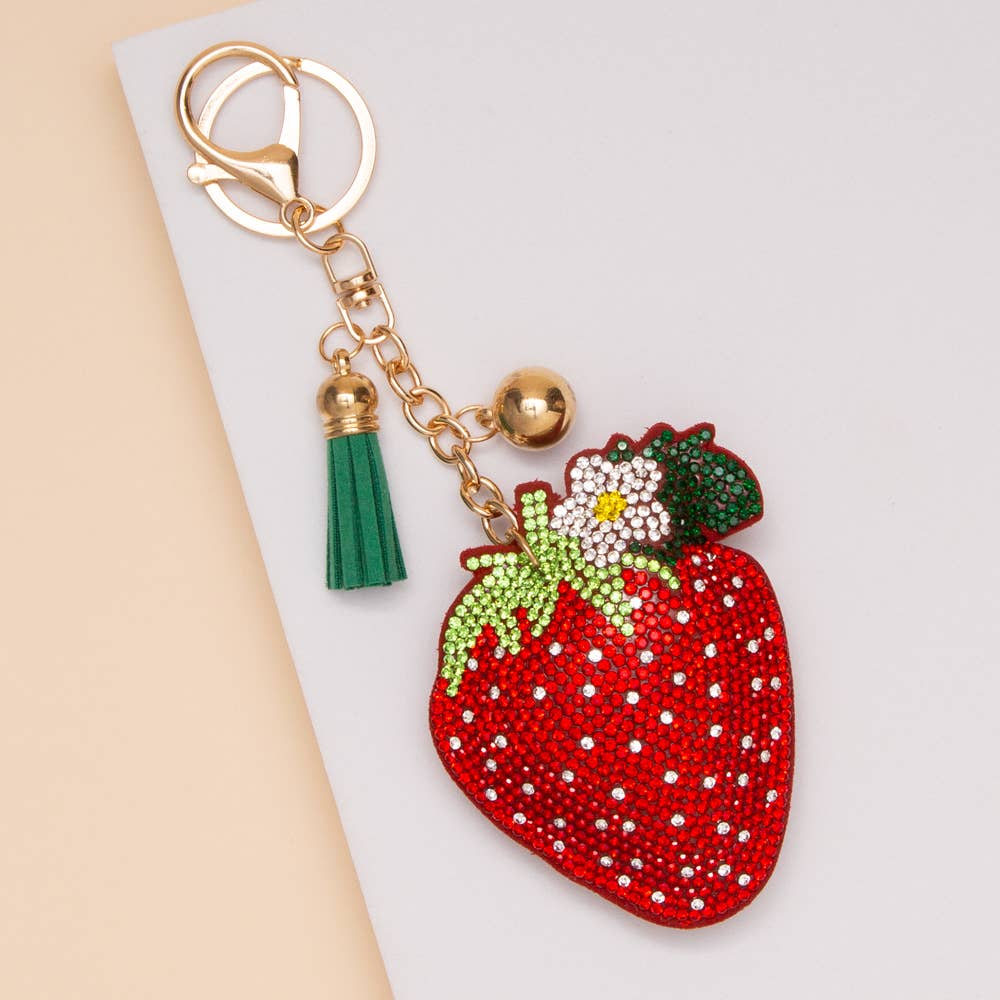 Rhinestone Pave Strawberry Bag Charm Keychain with Tassel