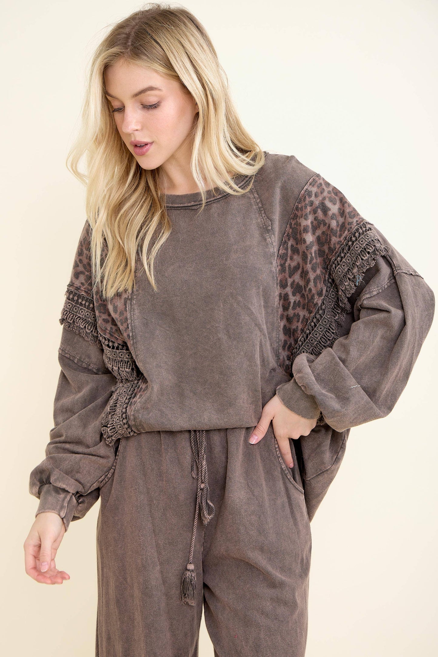 Mineral Washed  Leopard Fringe Terry Top