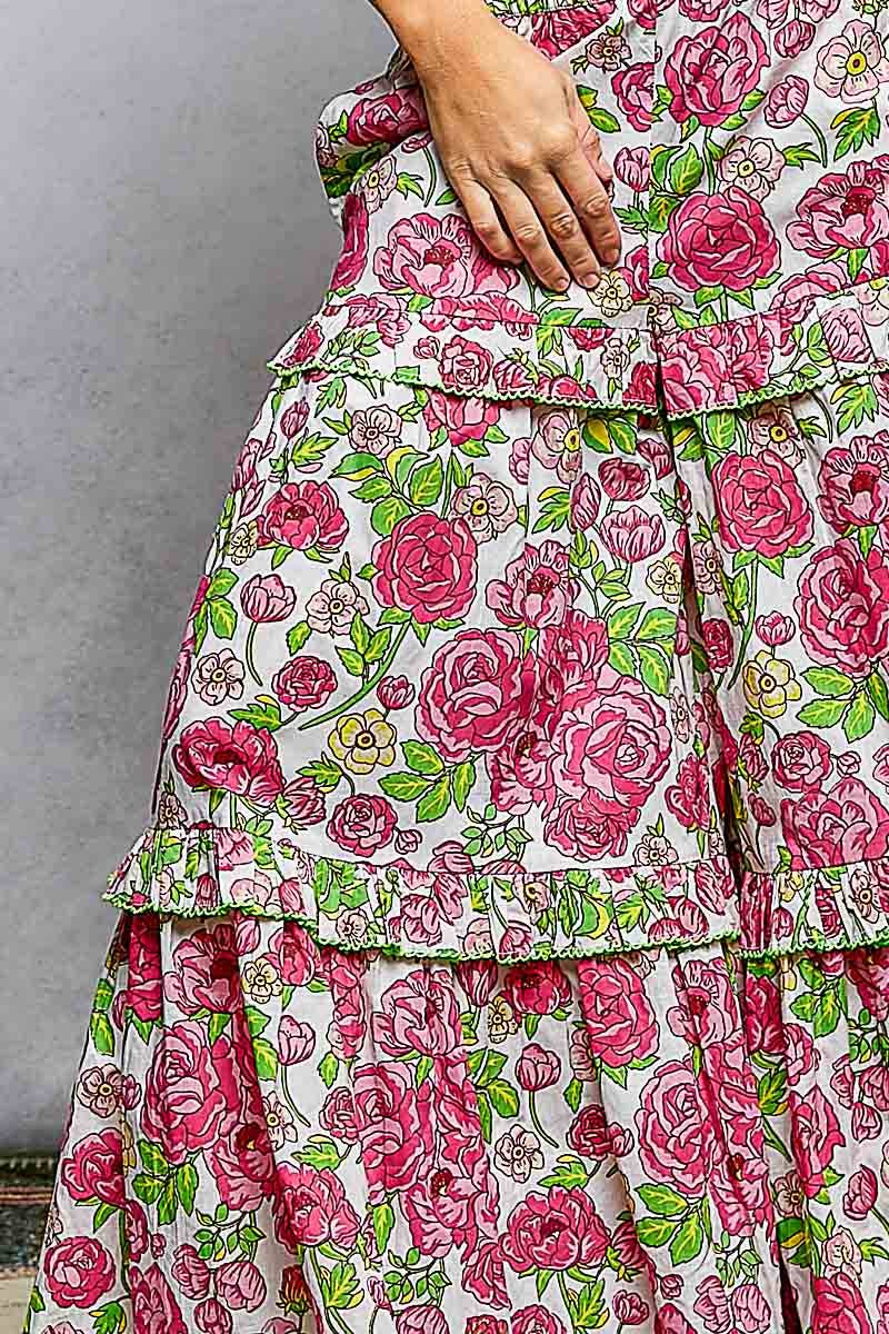 Wide-Leg Tiered Ruffle Edge Elastic Waist Floral Pants
