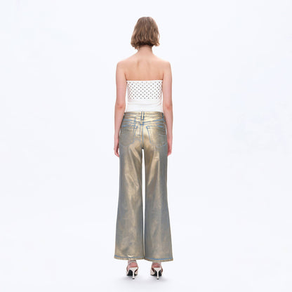 METALLIC HIGH RISE WIDE LEG DENIM JEANS
