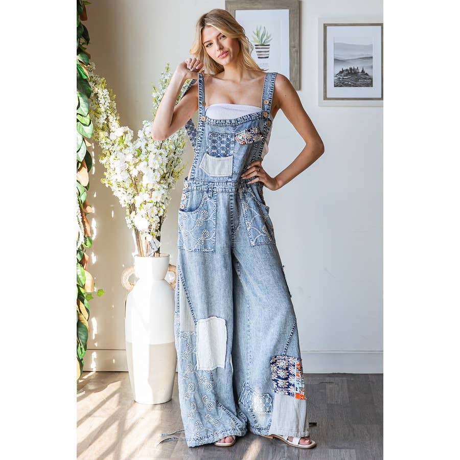 WASHED MULTI PATCHWORK TENCEL OVERALLS