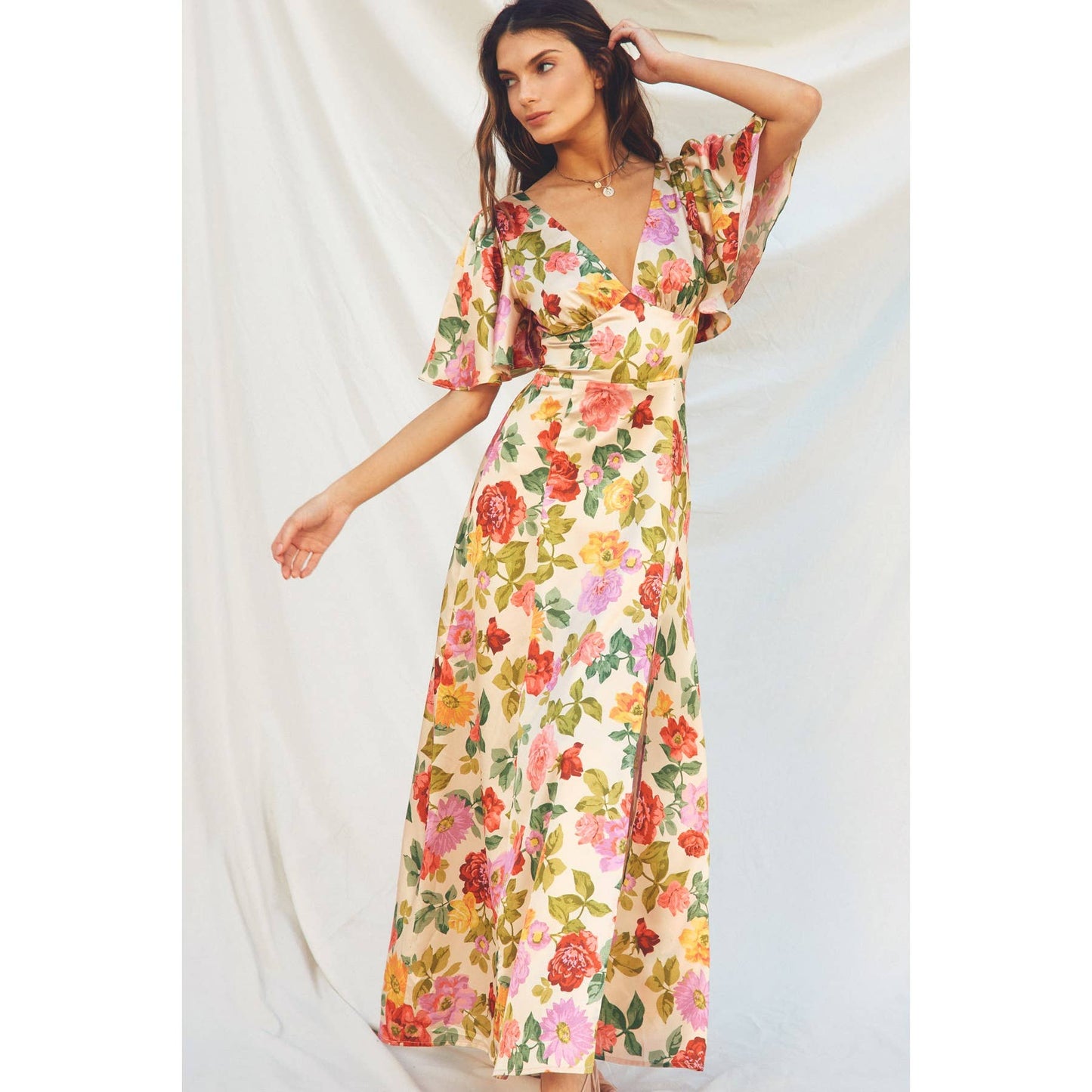 Floral Flutter Sleeve Plunging Maxi Dress