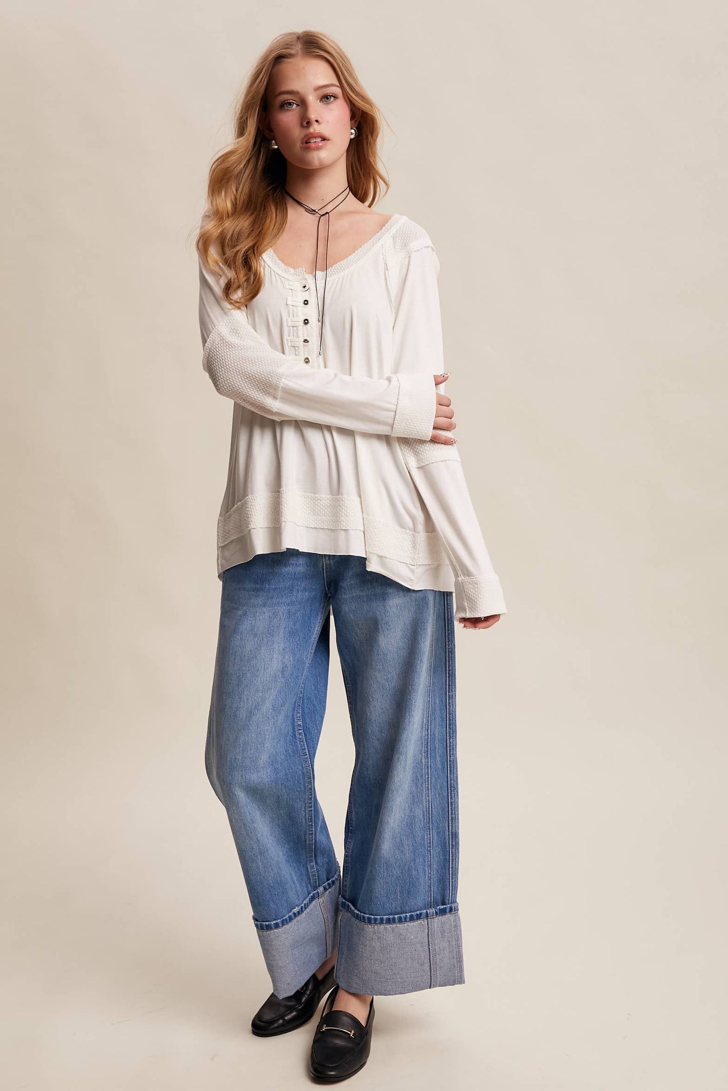 Textured Panel Button Henley Top