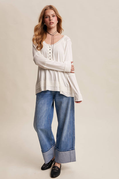 Textured Panel Button Henley Top