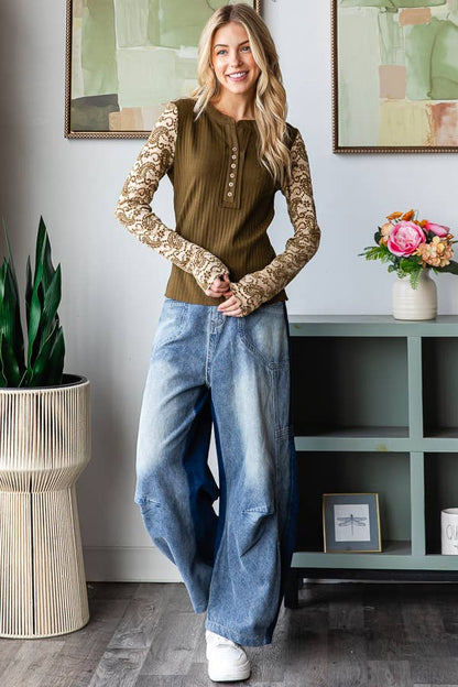 LACE SLEEVE HENLEY NECK KNIT TOP