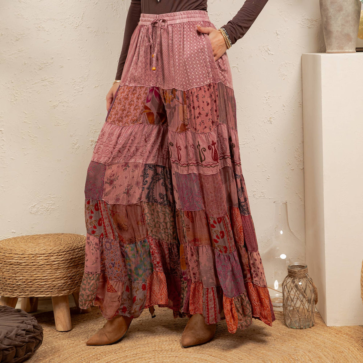 Boho Artisan Tiered Patchwork Wide-Leg Pants