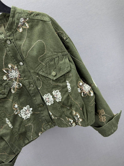 Floral Embroidered Cropped Denim Jacket