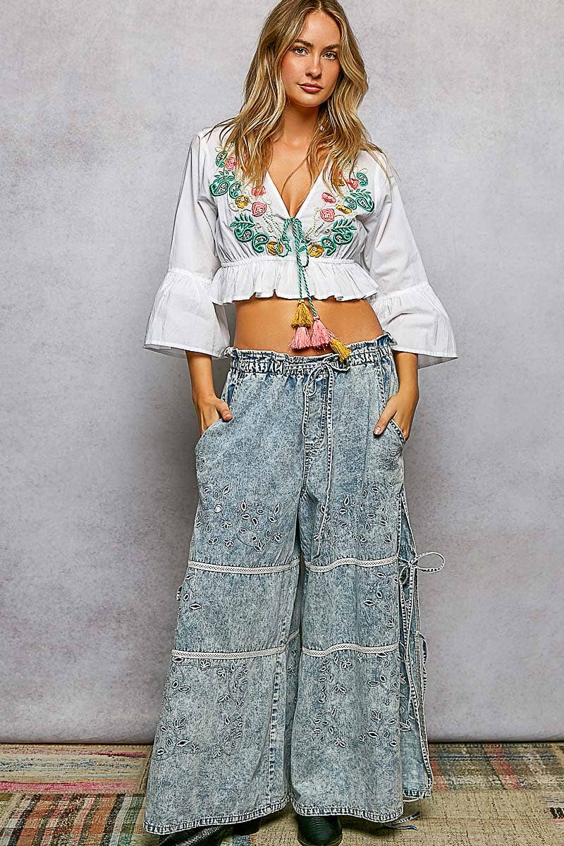 3/4 Sleeve Embroidered Bead Neck Loop Tassel Cotton Top