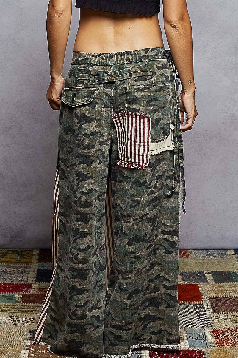 American flag wrapping raw edge camo/solid woven wide pants