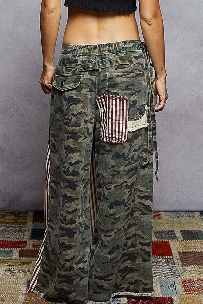 American flag wrapping raw edge camo/solid woven wide pants