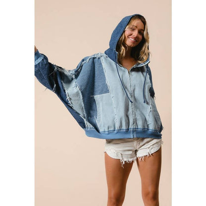 COLOR BLOCK WASHED DENIM ZIP UP HOODIE