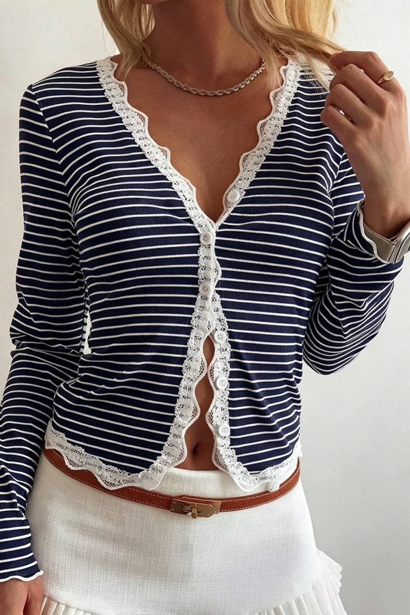 Striped Lace Trim Button Front Cardigan Top