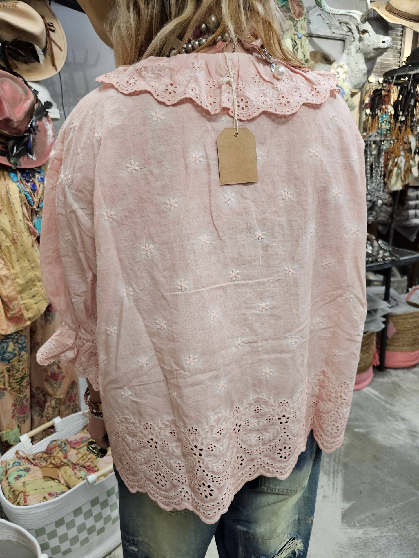 Pink Eyelet Linen Top
