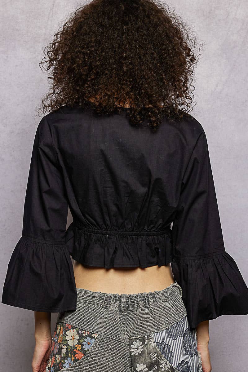 3/4 Sleeve Embroidered Bead Neck Loop Tassel Cotton Top