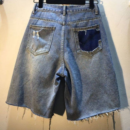 Beaded Rhinestone High Waist Distressed Denim Shorts