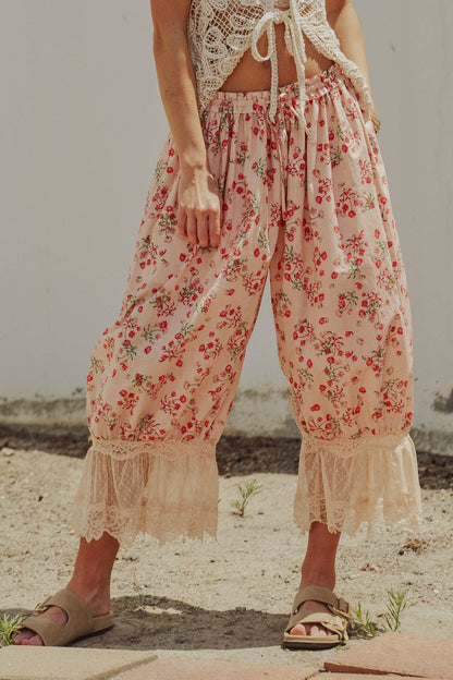 Floral Cotton Lace Hem Balloon Bloomer Pants