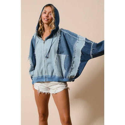 COLOR BLOCK WASHED DENIM ZIP UP HOODIE