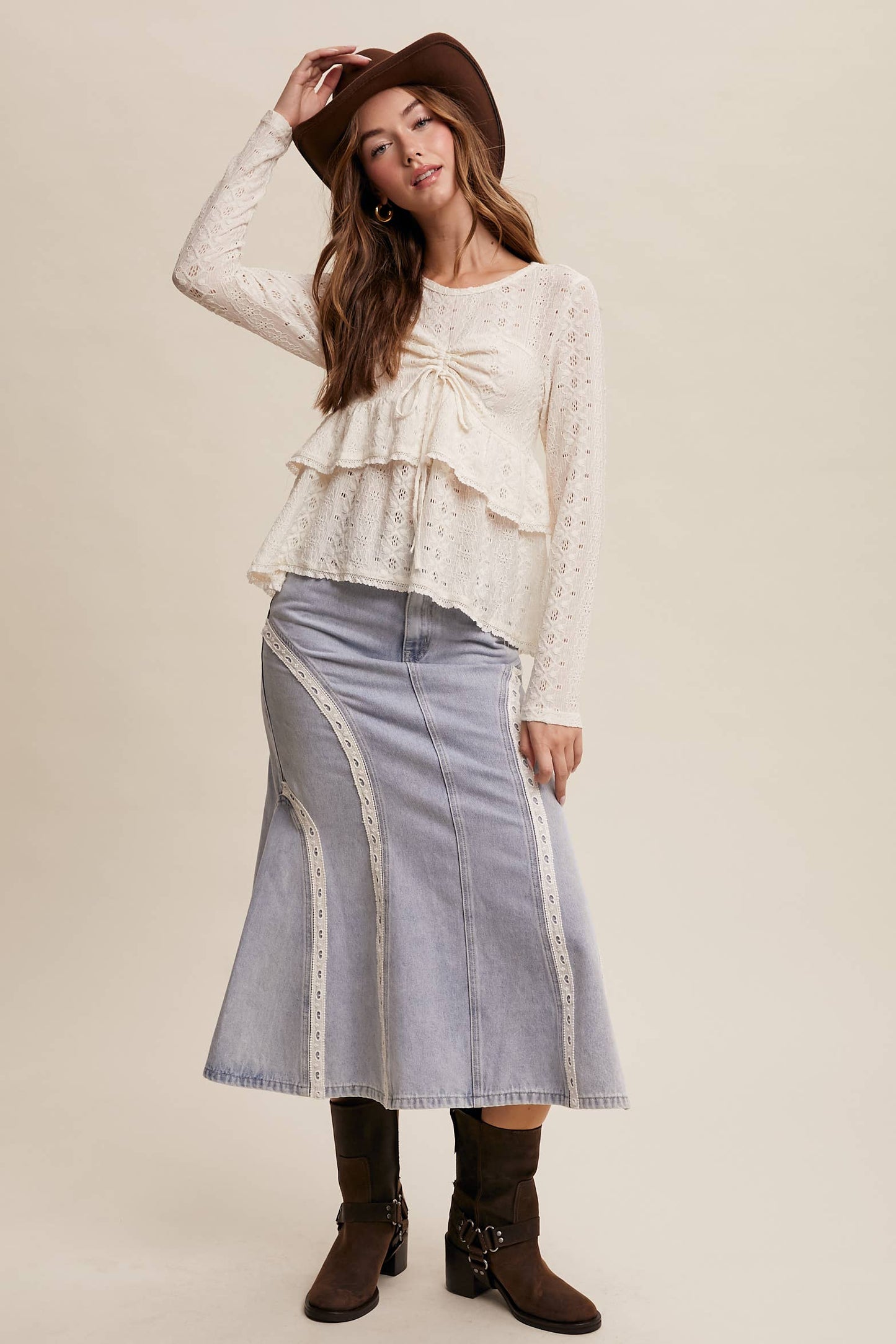 Stretch Lace Tiered Blouse with Drawstring Detail