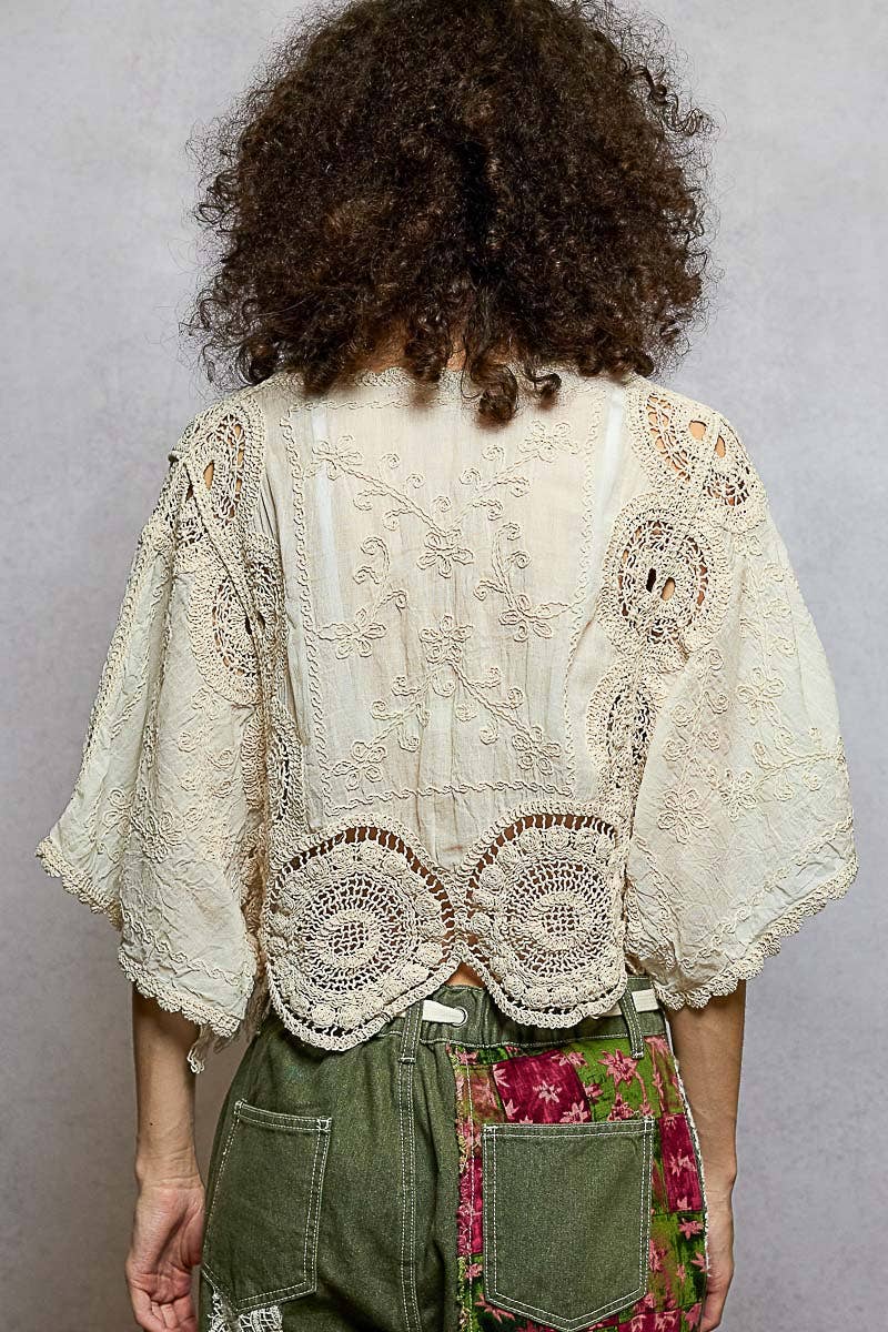 Scalloped knitted border Round Neck Crochet 3/4 Sleeve Top