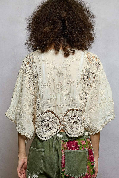 Scalloped knitted border Round Neck Crochet 3/4 Sleeve Top