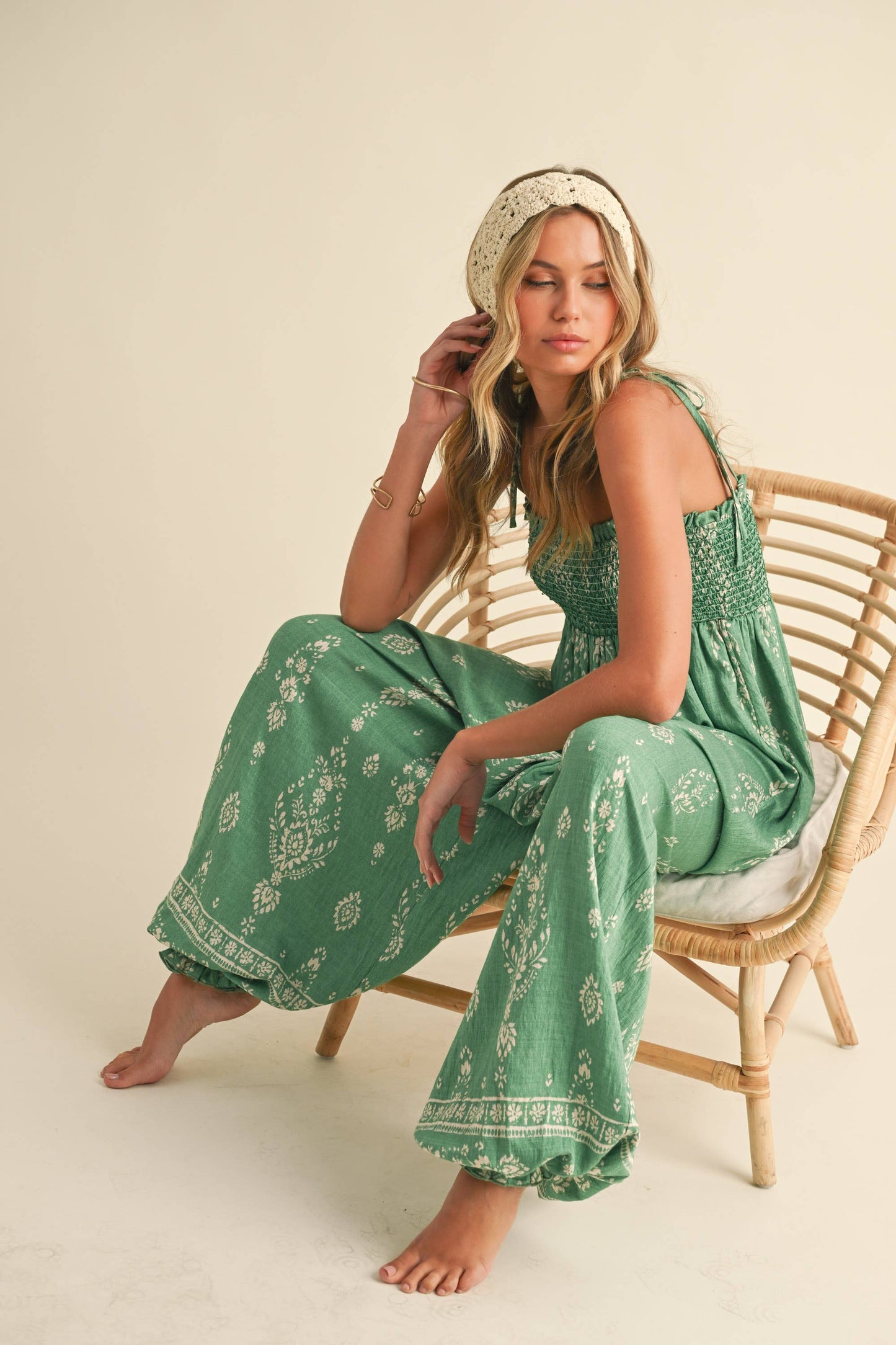 GREEN SMOCKED BALLOON JUMPSUIT